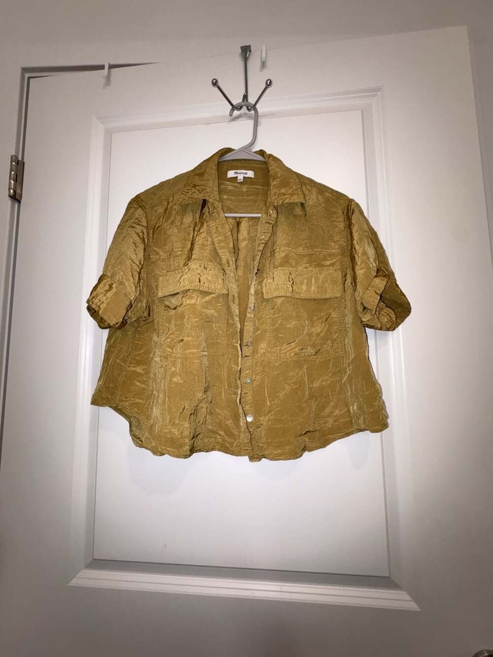 Madewell Greenish Yellow Crinkled Short Sleeve  Crop Button Up Shirt Size S